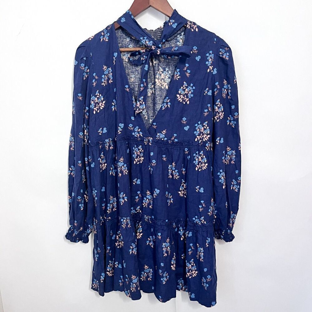 Free People Women's Dress Petite Fours Blue Floral Size S Tie Back Deep V Ruffle - Picture 3 of 8